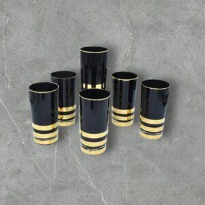 MCM Black with Gold Trim Hi-Ball Bar Drinking Glasses Set of 6 Tom Collins